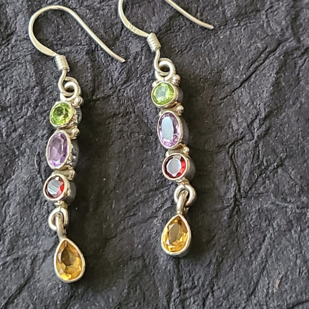 Dangle Multi Genuine Stone Earrings-Peridot, Citrine, Amethyst Stone - Picture 2 of 5